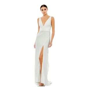 Mac Duggal 12336 White Gown Size 10 Deep V Open Back Slit Formal Dress NWT